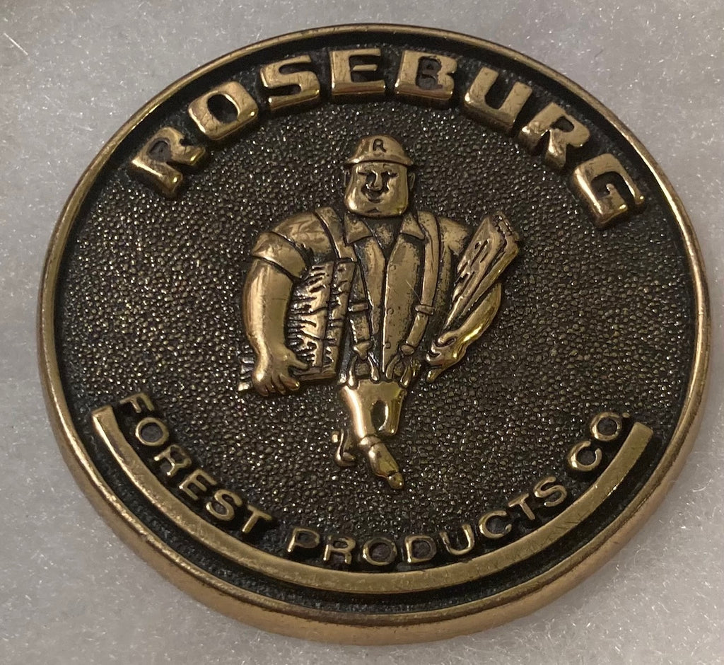 Vintage Metal Belt Buckle, Brass, Roseburg Forest Products, Round, Nice Western Design