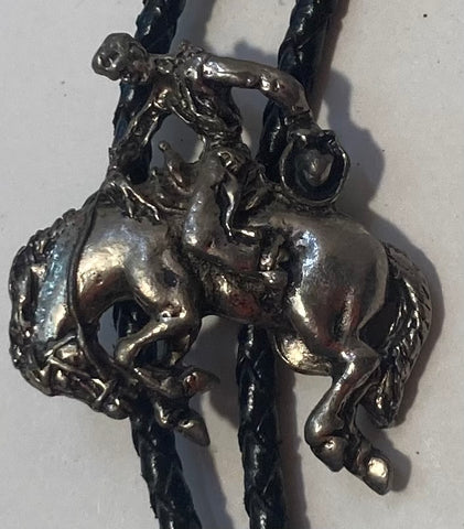 Vintage Metal Bolo Tie, Nice Bronco Busting Design, Nice Design, 1 1/2" x 1 1/2", Quality, Heavy Duty, Made in USA, Country & Western, Cowboy, Western Wear, Horse, Apparel, Accessory, Tie, Nice Quality Fashion,