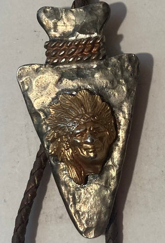 Vintage Metal Bolo Tie, Nice Native Man Design, Arrowhead, Nice Design, 3 1/4" x 1 3/4", Quality, Heavy Duty, Made in USA, Country & Western, Cowboy, Western Wear, Horse, Apparel, Accessory, Tie, Nice Quality Fashion,