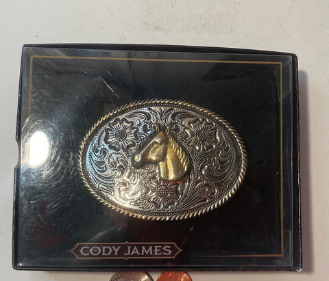 Vintage Metal Belt Buckle, Cody James, Horse Head, Nice Western Design, 3" x 2 1/4", Heavy Duty, Made in USA, Quality, Thick Metal, For Belts, Fashion, Shelf Display, Western Wear, Cowboy, Rodeo, Southwest, Country, Fun, Nice