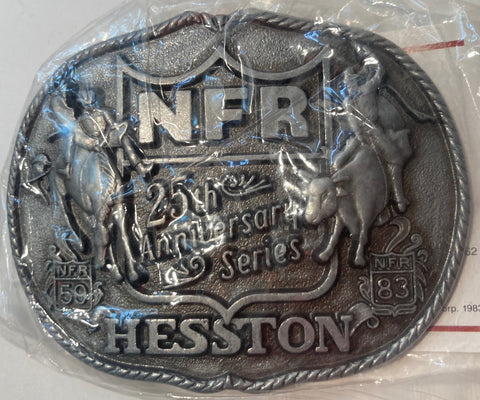 Vintage 1983 Metal Belt Buckle, Hesston, NFR, National Finals Rodeo, Nice Western Design, 3 3/4" x 3", Heavy Duty, Made in USA, Quality, Thick Metal, For Belts, Fashion, Shelf Display, Western Wear, Cowboy, Rodeo, Southwest, Country, Fun, Nice