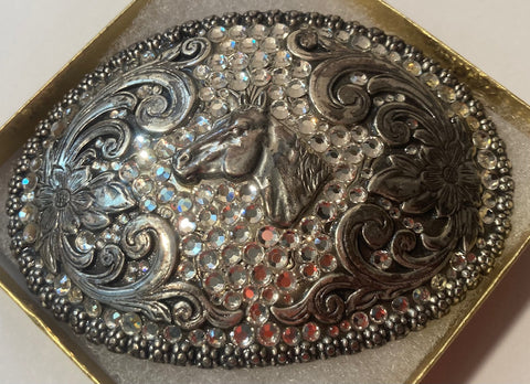 Vintage Metal Belt Buckle, Nocona, Nice Horse Head With Sparkly Stones, Nice Western Design, 4" x 2 3/4", Heavy Duty, Made in USA, Quality, Thick Metal, For Belts, Fashion, Shelf Display, Western Wear, Cowboy, Rodeo, Southwest, Country, Fun, Nice,