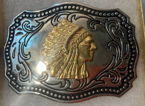 Vintage Metal Belt Buckle, Native Man, Feathers, Nice Western Design, 3 1/4" x 2 1/2", Heavy Duty, Made in USA, Quality, Thick Metal, For Belts, Fashion, Shelf Display, Western Wear, Cowboy, Rodeo, Southwest, Country, Fun, Nice