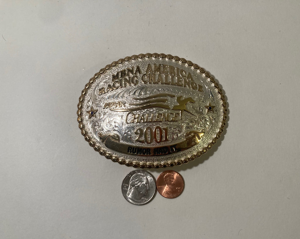 Vintage 2001 Metal Belt Buckle, Silver and Brass, Horse Racing, Montana Silversmiths, MBNA America Racing Challenge, Rumor Had It, Nice Western Design