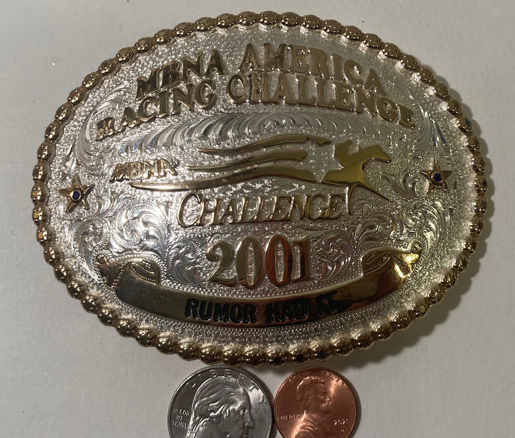 Vintage 2001 Metal Belt Buckle, Silver and Brass, Horse Racing, Montana Silversmiths, MBNA America Racing Challenge, Rumor Had It, Nice Western Design