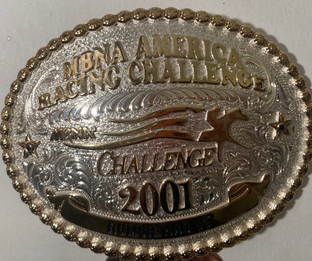 Vintage 2001 Metal Belt Buckle, Silver and Brass, Horse Racing, Montana Silversmiths, MBNA America Racing Challenge, Rumor Had It, Nice Western Design