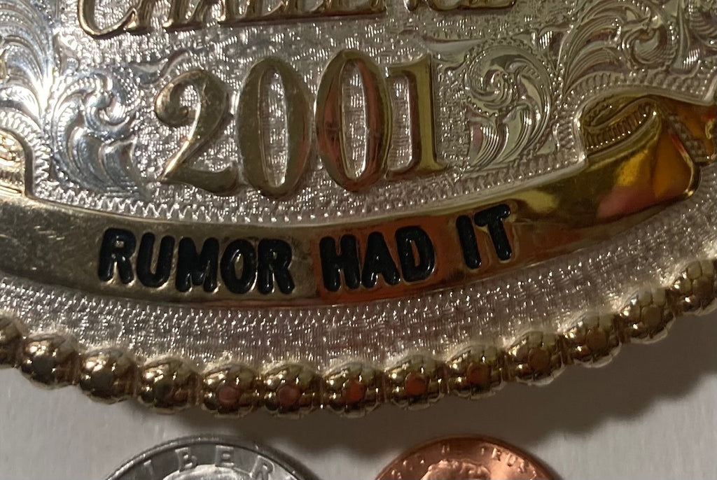Vintage 2001 Metal Belt Buckle, Silver and Brass, Horse Racing, Montana Silversmiths, MBNA America Racing Challenge, Rumor Had It, Nice Western Design