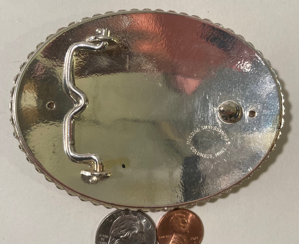 Vintage 2001 Metal Belt Buckle, Silver and Brass, Horse Racing, Montana Silversmiths, MBNA America Racing Challenge, Rumor Had It, Nice Western Design