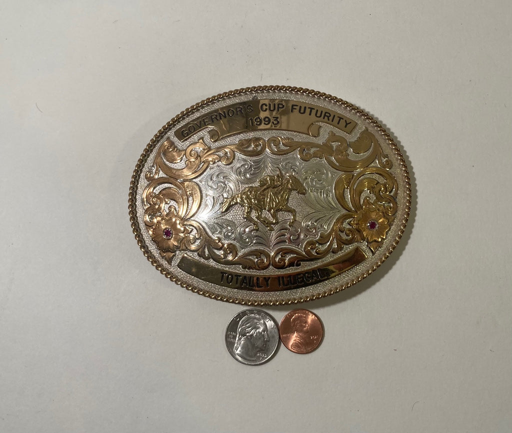 Vintage 1993 Metal Belt Buckle, Governor's Cup Futurity, Totally Illegal, Silver and Brass, Horse Racing, Montana Silversmiths, Red Stones, Nice Western Design