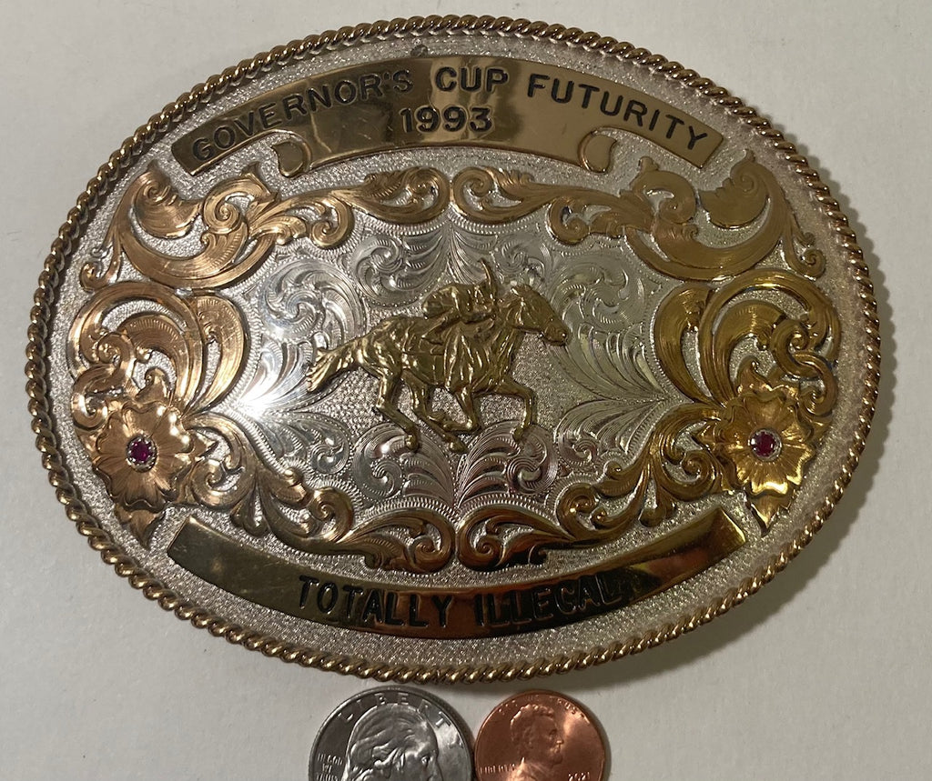 Vintage 1993 Metal Belt Buckle, Governor's Cup Futurity, Totally Illegal, Silver and Brass, Horse Racing, Montana Silversmiths, Red Stones, Nice Western Design