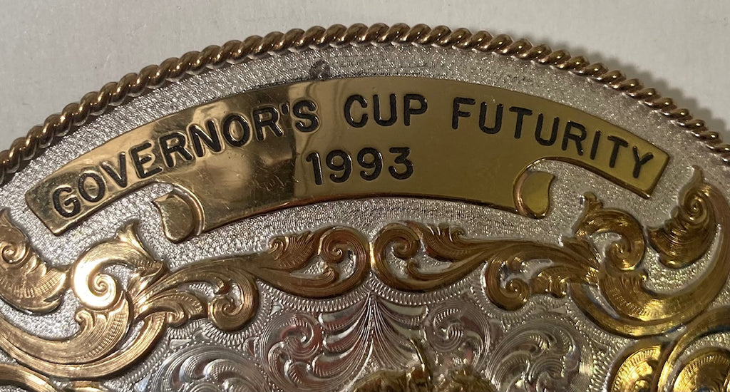 Vintage 1993 Metal Belt Buckle, Governor's Cup Futurity, Totally Illegal, Silver and Brass, Horse Racing, Montana Silversmiths, Red Stones, Nice Western Design
