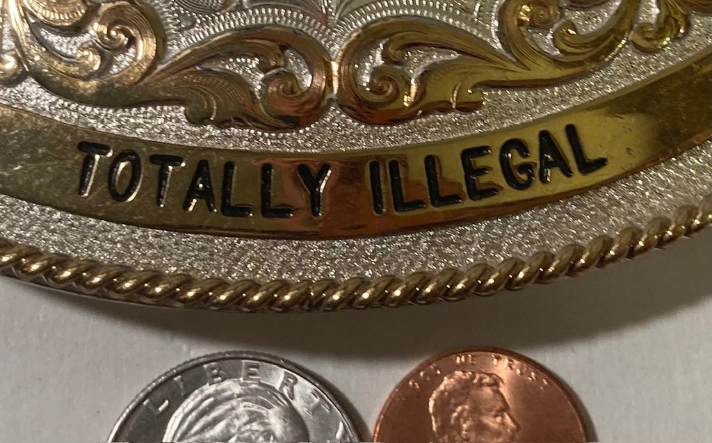 Vintage 1993 Metal Belt Buckle, Governor's Cup Futurity, Totally Illegal, Silver and Brass, Horse Racing, Montana Silversmiths, Red Stones, Nice Western Design