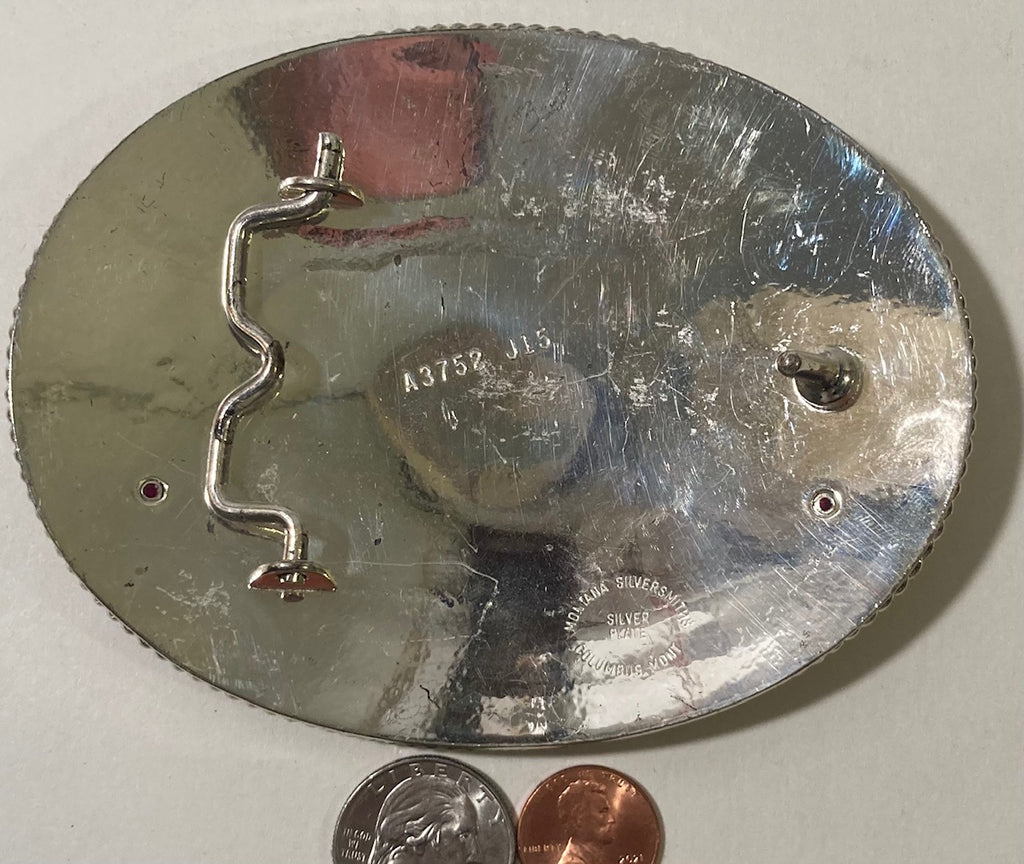 Vintage 1993 Metal Belt Buckle, Governor's Cup Futurity, Totally Illegal, Silver and Brass, Horse Racing, Montana Silversmiths, Red Stones, Nice Western Design