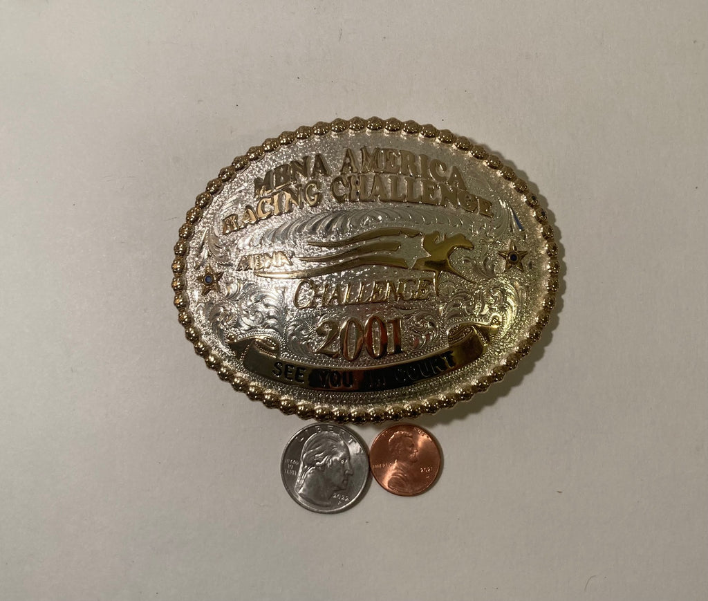 Vintage 2001 Metal Belt Buckle, MBNA America Racing Challenge, See You in Court, Silver and Brass, Horse Racing, Montana Silversmiths, Purple Stones, Nice Western Design