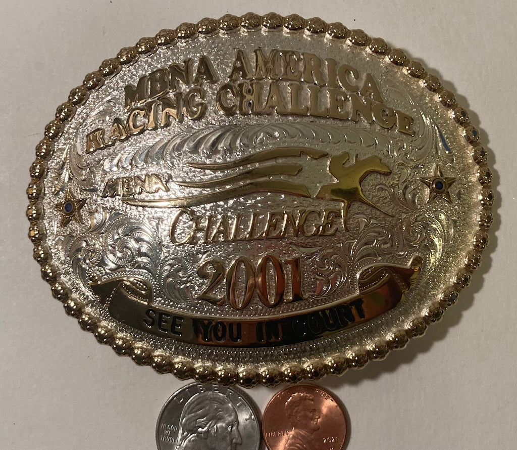 Vintage 2001 Metal Belt Buckle, MBNA America Racing Challenge, See You in Court, Silver and Brass, Horse Racing, Montana Silversmiths, Purple Stones, Nice Western Design
