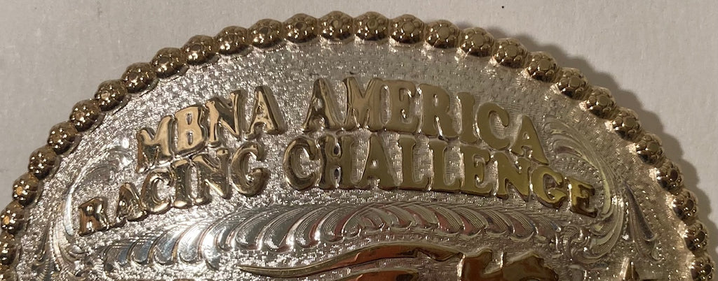 Vintage 2001 Metal Belt Buckle, MBNA America Racing Challenge, See You in Court, Silver and Brass, Horse Racing, Montana Silversmiths, Purple Stones, Nice Western Design