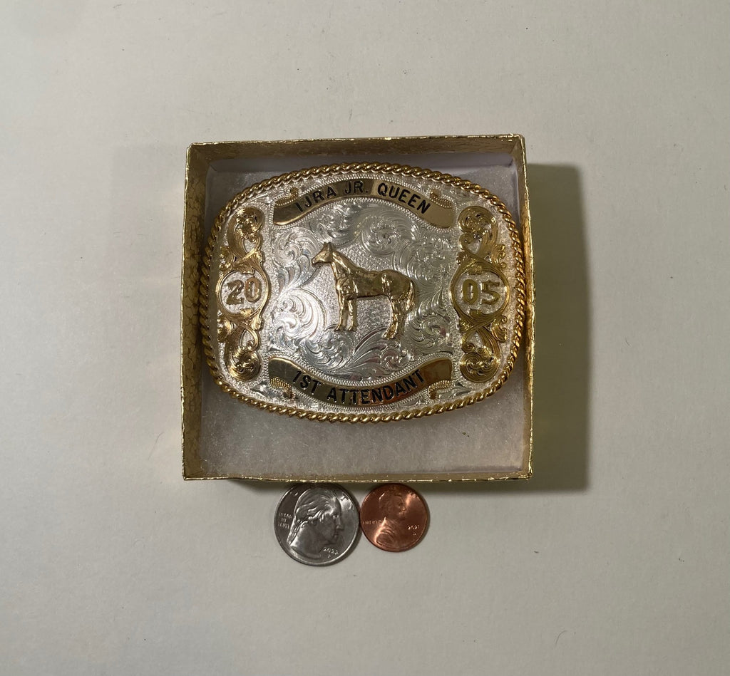 Vintage 2005 Metal Belt Buckle, IJRA Jr. Queen, 1st Attendant, Silver and Brass, Horse, Montana Silversmiths, Purple Stones, Nice Western Design