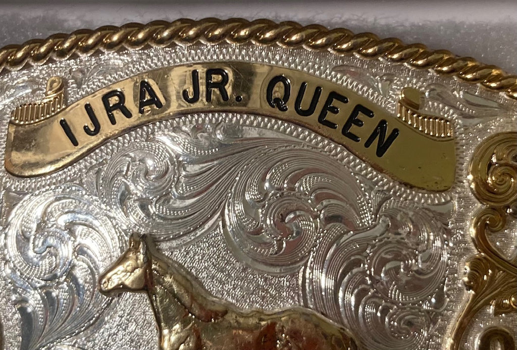 Vintage 2005 Metal Belt Buckle, IJRA Jr. Queen, 1st Attendant, Silver and Brass, Horse, Montana Silversmiths, Purple Stones, Nice Western Design