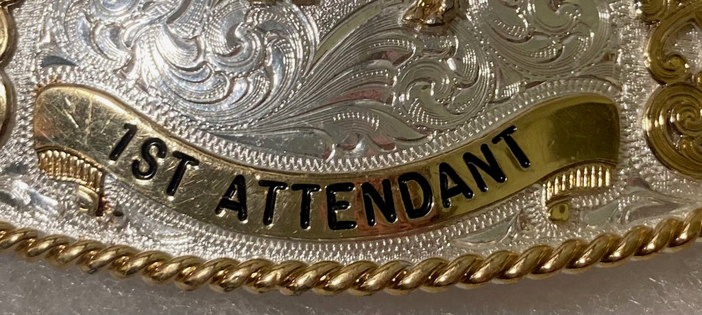 Vintage 2005 Metal Belt Buckle, IJRA Jr. Queen, 1st Attendant, Silver and Brass, Horse, Montana Silversmiths, Purple Stones, Nice Western Design