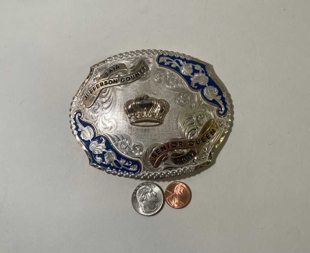 Nice 2007 Metal Belt Buckle, Senior Queen, Jefferson County Fair, Silver and Brass, Montana Silversmiths, Nice Western Design