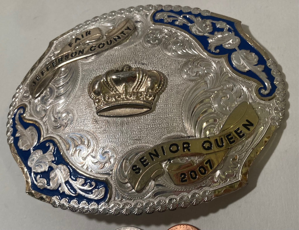 Nice 2007 Metal Belt Buckle, Senior Queen, Jefferson County Fair, Silver and Brass, Montana Silversmiths, Nice Western Design