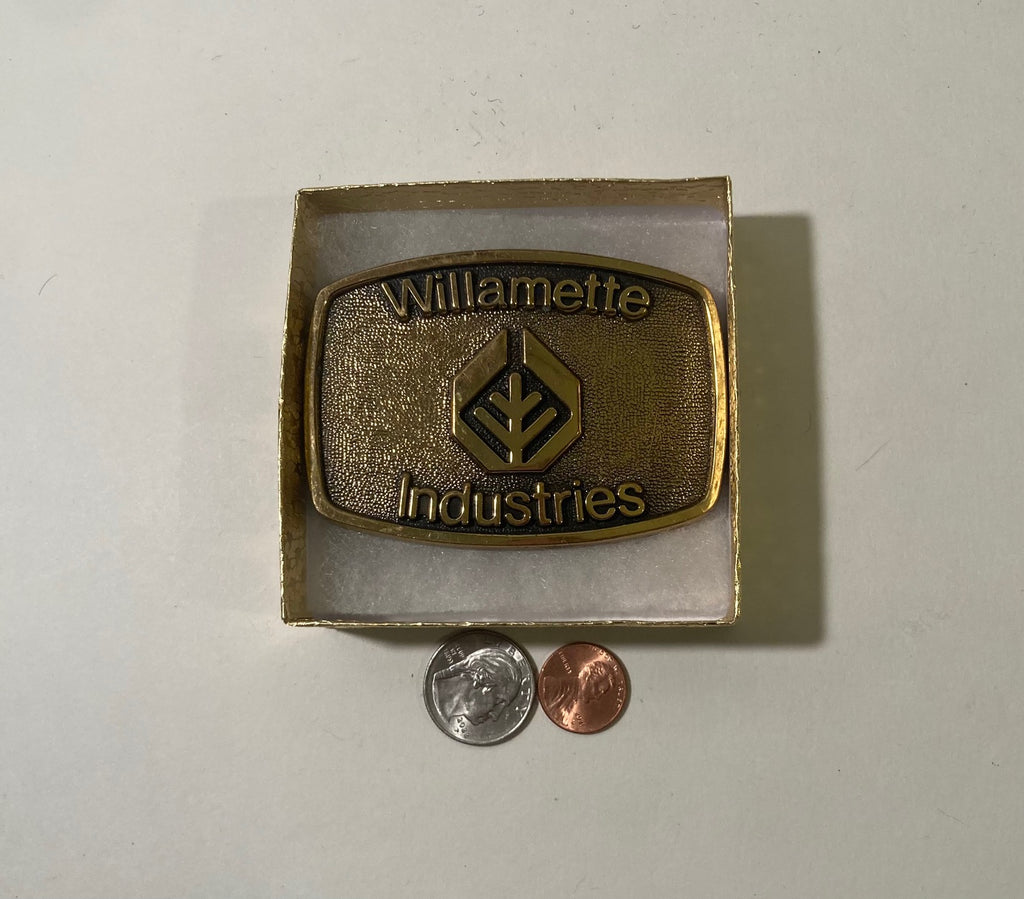Vintage 1983 Metal Belt Buckle, Brass, Willamette Industries, Timber, Trees Forestly