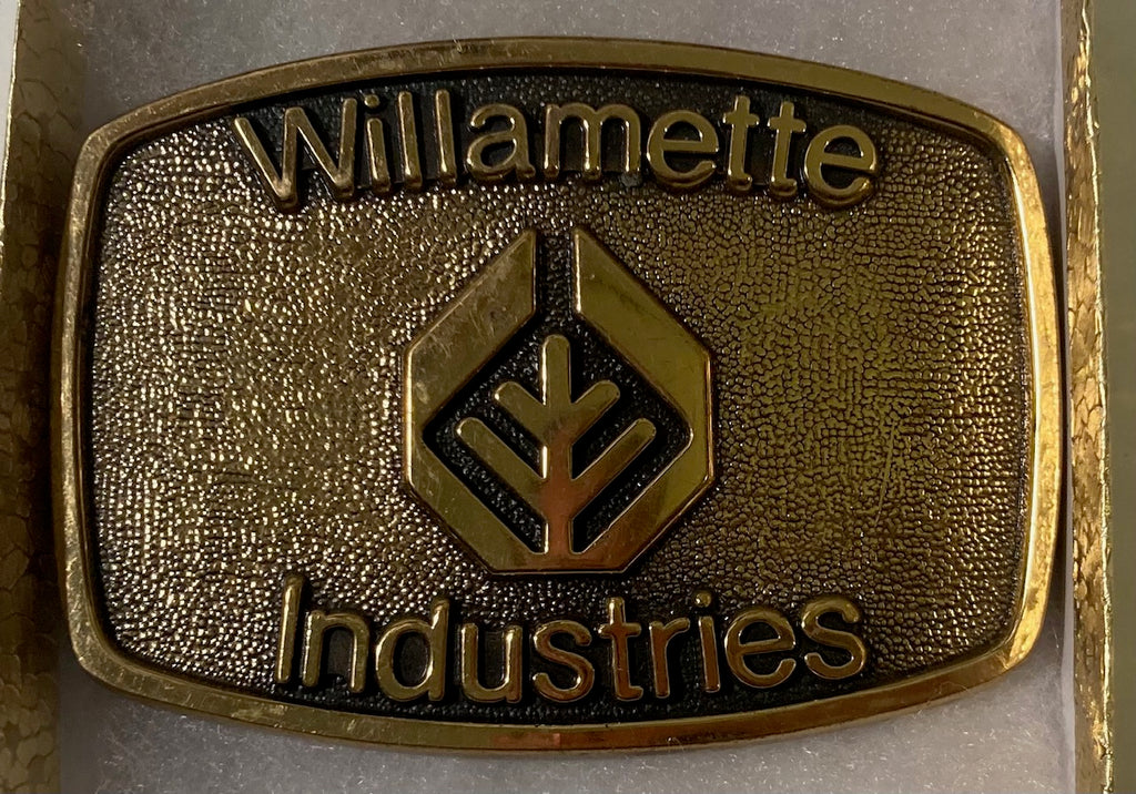Vintage 1983 Metal Belt Buckle, Brass, Willamette Industries, Timber, Trees Forestly