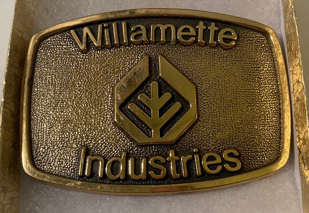 Vintage 1983 Metal Belt Buckle, Brass, Willamette Industries, Timber, Trees Forestly