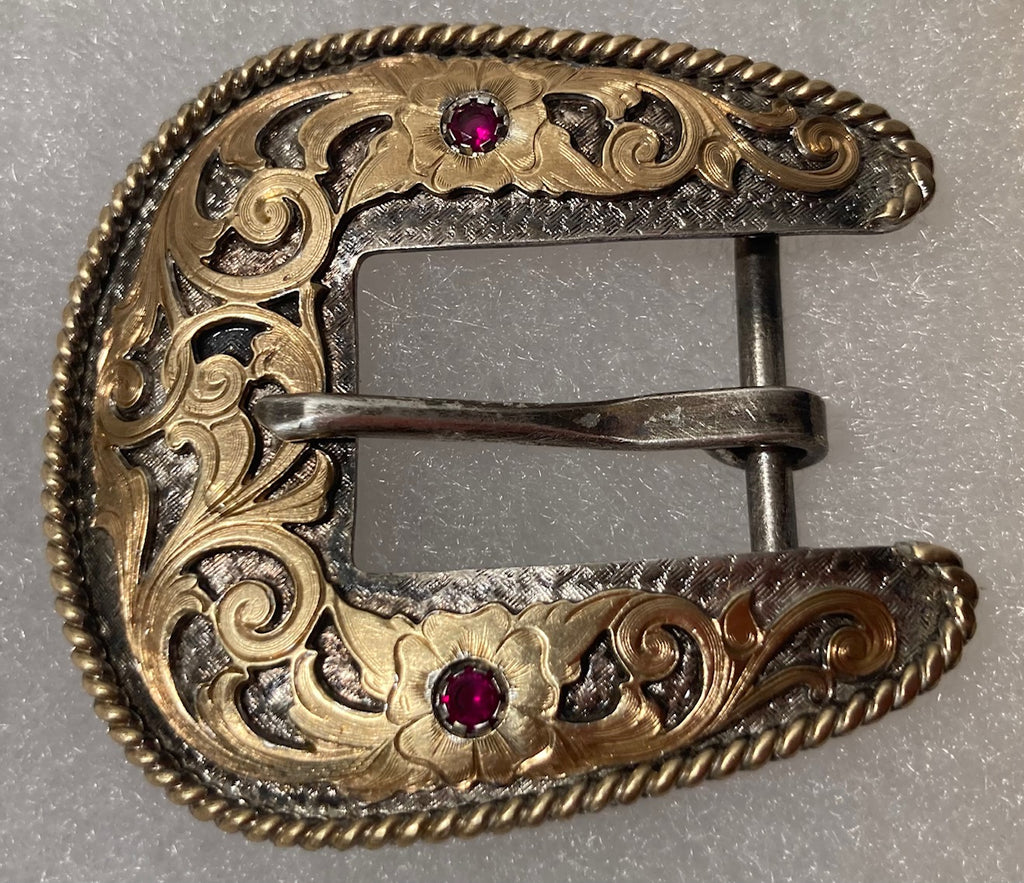 Vintage Metal Belt Buckle, Nice Silver and Brass Design, Montana Silversmiths, Nice Red Stones, Nice Design, 2 1/4" x 2", Heavy Duty, Quality, Made in USA, Thick Metal, For Belts, Fashion, Shelf Display, Western Wear, Southwest, Country, Fun, Nice