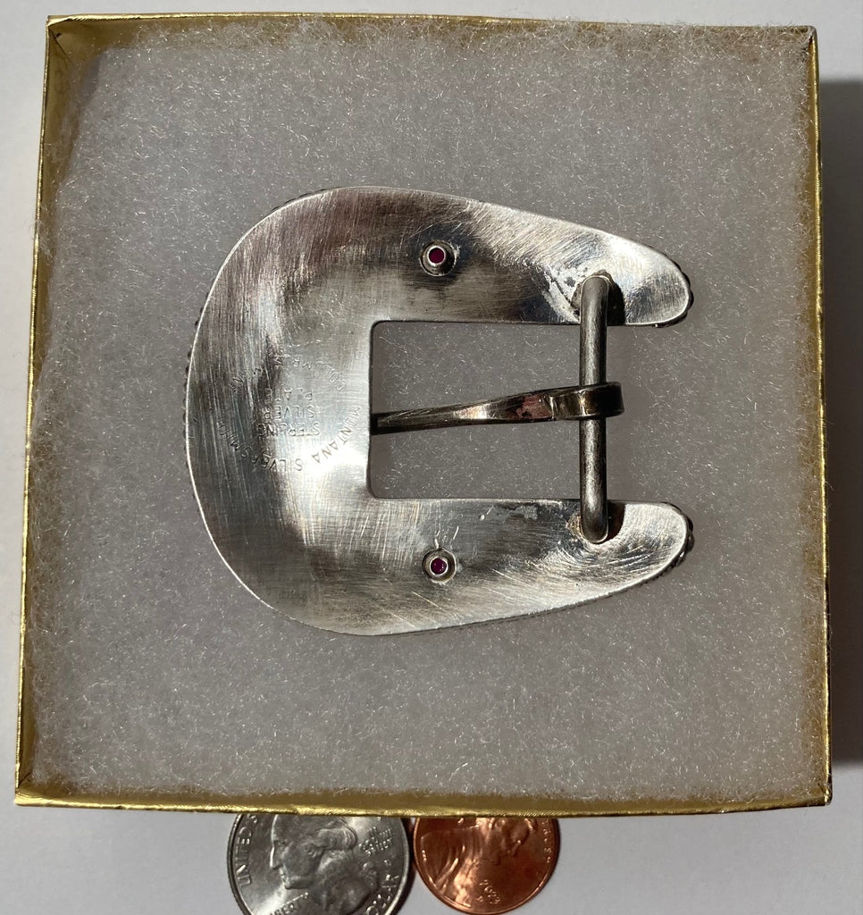 Vintage Metal Belt Buckle, Nice Silver and Brass Design, Montana Silversmiths, Nice Red Stones, Nice Design, 2 1/4" x 2", Heavy Duty, Quality, Made in USA, Thick Metal, For Belts, Fashion, Shelf Display, Western Wear, Southwest, Country, Fun, Nice