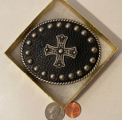 Vintage Metal Belt Buckle, Black Leather, Cross, Crucifix, Gothic, Religious, Nice Design, 3 1/4" x 3", Heavy Duty, Quality, Thick Metal, Made in USA, For Belts, Fashion, Shelf Display, Western Wear, Southwest, Country, Fun, Nice