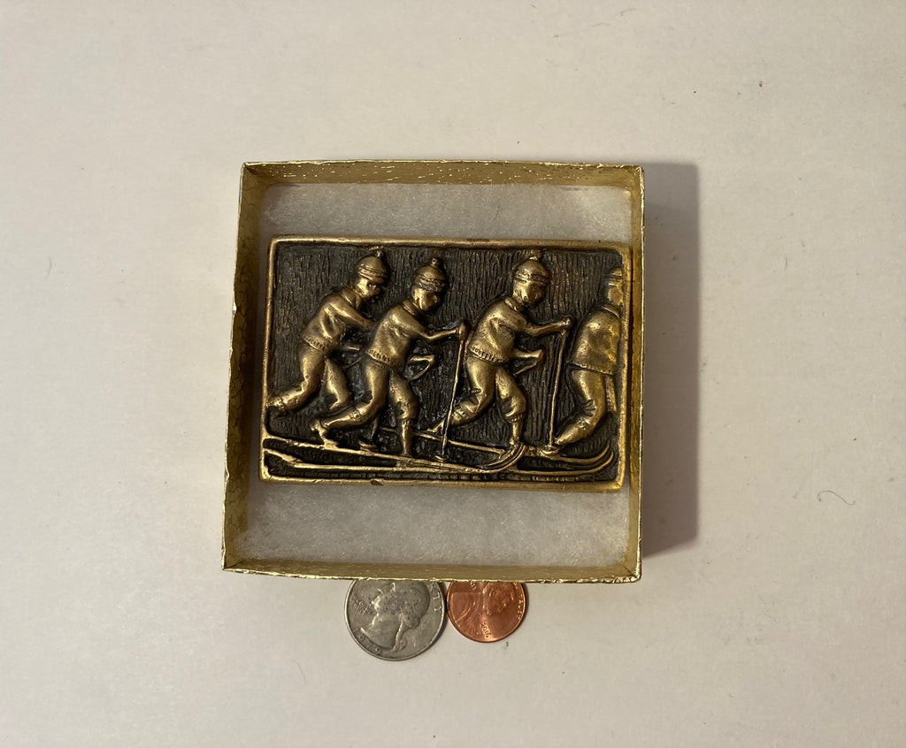 Vintage Metal Belt Buckle, Brass, Skiing, Snow, Cross Country, Skies, Nice Design, 3 1/4" x 2 1/4", Heavy Duty, Quality, Thick Metal, Made in USA, For Belts, Fashion, Shelf Display, Western Wear, Southwest, Country, Fun, Nice