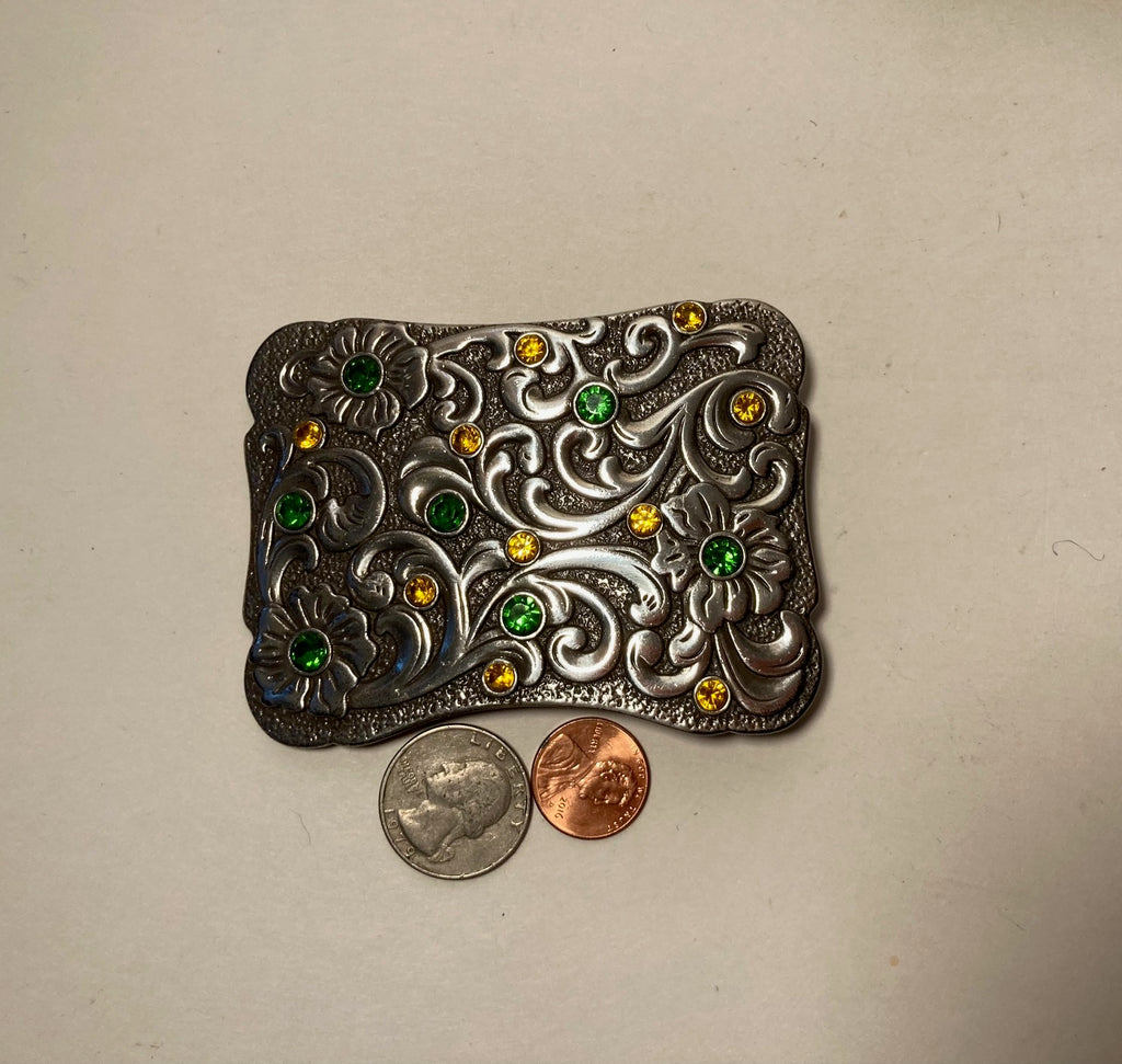 Vintage Metal Belt Buckle, Nice Green and Yellow Stones, Nice Design, 3 1/2" x 2 3/4", Heavy Duty, Quality, Thick Metal, Made in USA, For Belts, Fashion, Shelf Display, Western Wear, Southwest, Country, Fun, Nice
