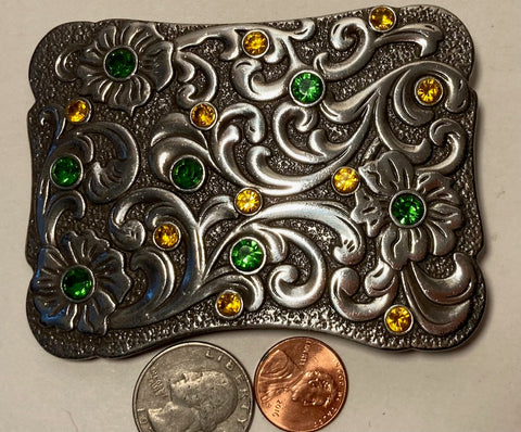 Vintage Metal Belt Buckle, Nice Green and Yellow Stones, Nice Design, 3 1/2" x 2 3/4", Heavy Duty, Quality, Thick Metal, Made in USA, For Belts, Fashion, Shelf Display, Western Wear, Southwest, Country, Fun, Nice