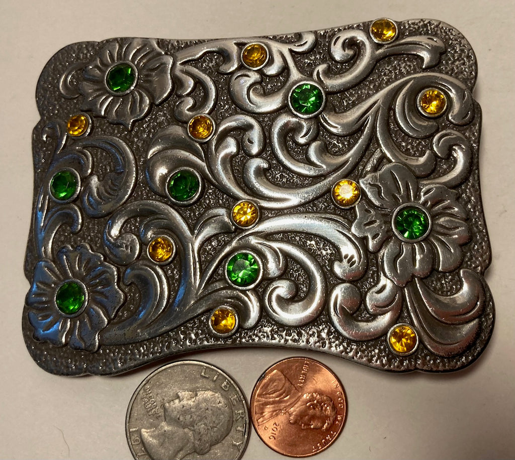 Vintage Metal Belt Buckle, Nice Green and Yellow Stones, Nice Design, 3 1/2" x 2 3/4", Heavy Duty, Quality, Thick Metal, Made in USA, For Belts, Fashion, Shelf Display, Western Wear, Southwest, Country, Fun, Nice