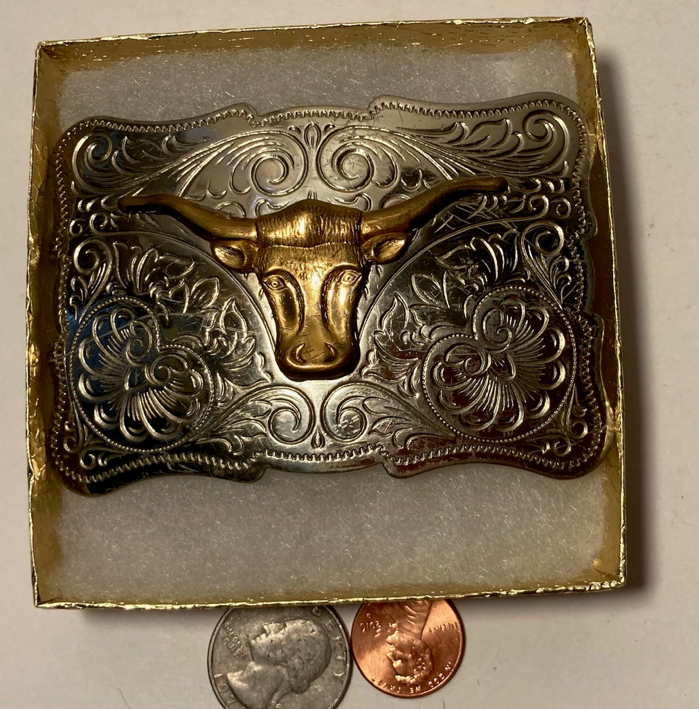 Vintage Metal Belt Buckle, Nickel Silver and Brass, Cow, Bull, Longhorn, Nice Design, 3 1/2" x 2 1/2", Heavy Duty, Quality, Thick Metal, Made in USA, For Belts, Fashion, Shelf Display, Western Wear, Southwest, Country, Fun, Nice