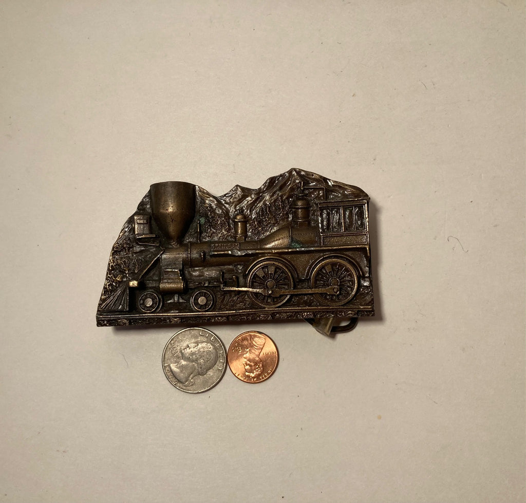 Vintage 1977 Metal Belt Buckle, Brass, Train, Locomotive, Railroad, Working Smoke Stack, Unique, Nice Design, 3 3/4" x 2", Heavy Duty, Quality, Thick Metal, Made in USA, For Belts, Fashion, Shelf Display, Western Wear, Southwest, Country, Fun, Nice