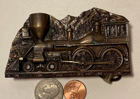 Vintage 1977 Metal Belt Buckle, Brass, Train, Locomotive, Railroad, Working Smoke Stack, Unique, Nice Design, 3 3/4" x 2", Heavy Duty, Quality, Thick Metal, Made in USA, For Belts, Fashion, Shelf Display, Western Wear, Southwest, Country, Fun, Nice