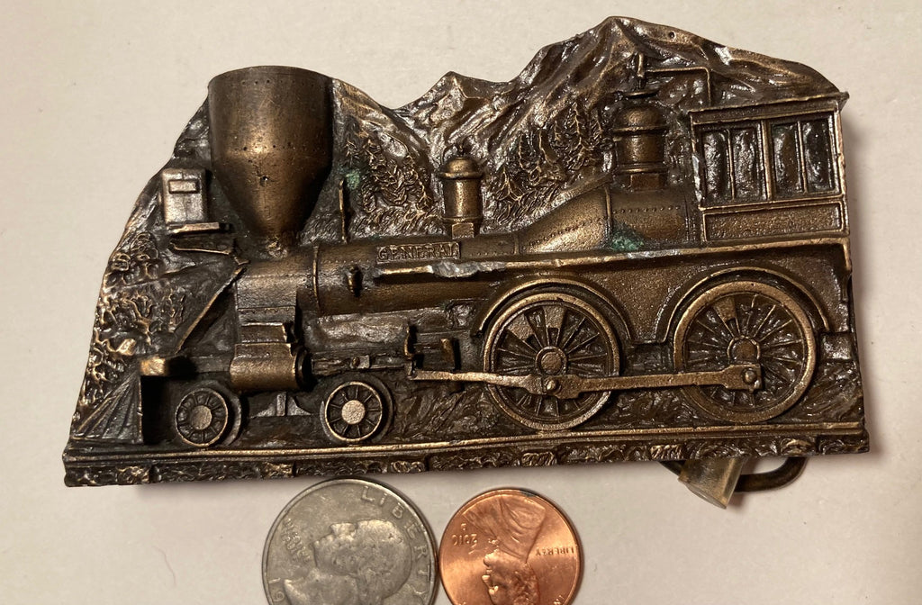 Vintage 1977 Metal Belt Buckle, Brass, Train, Locomotive, Railroad, Working Smoke Stack, Unique, Nice Design, 3 3/4" x 2", Heavy Duty, Quality, Thick Metal, Made in USA, For Belts, Fashion, Shelf Display, Western Wear, Southwest, Country, Fun, Nice