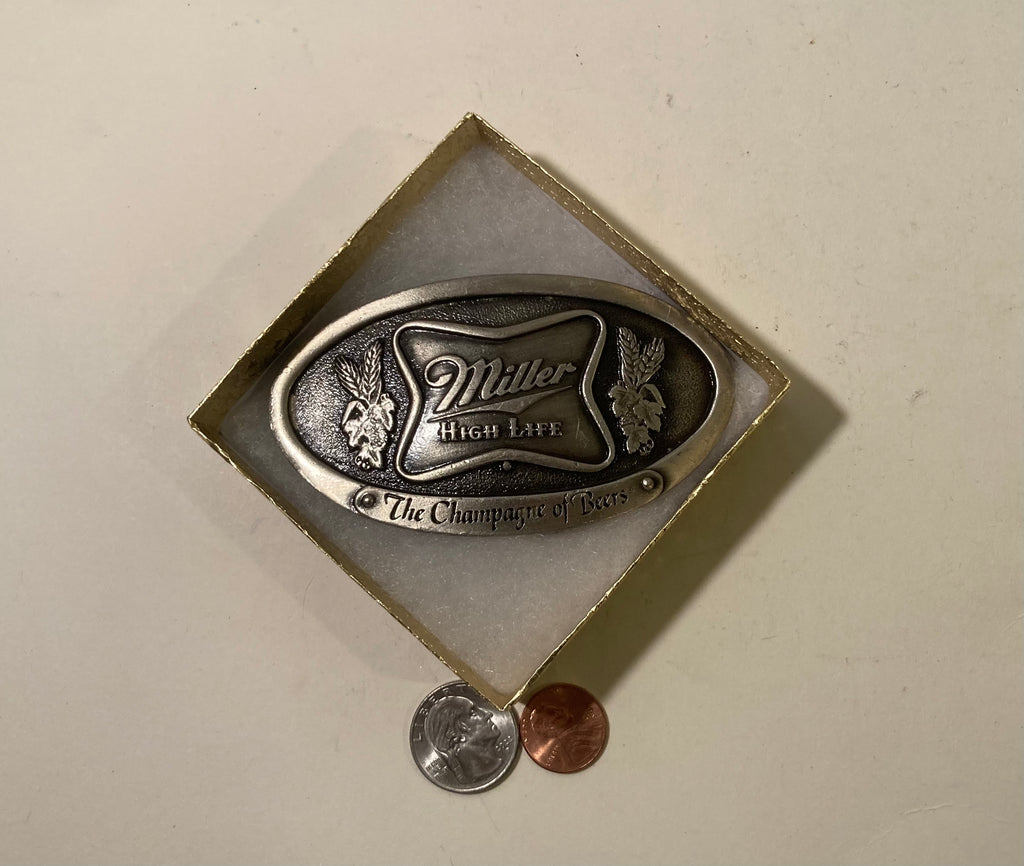 Vintage 1975 Metal Belt Buckle, Miller High Life, Beer, The Champagne of Beers, Nice Western Design, 4" x 2 1/4", Heavy Duty, Made in USA, Quality, Thick Metal, For Belts, Fashion, Shelf