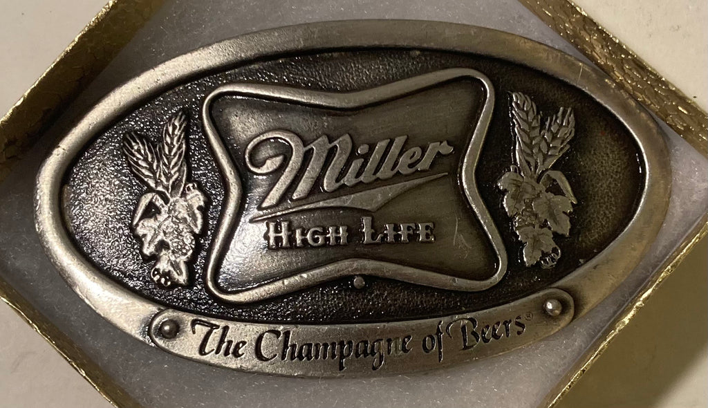 Vintage 1975 Metal Belt Buckle, Miller High Life, Beer, The Champagne of Beers, Nice Western Design, 4" x 2 1/4", Heavy Duty, Made in USA, Quality, Thick Metal, For Belts, Fashion, Shelf