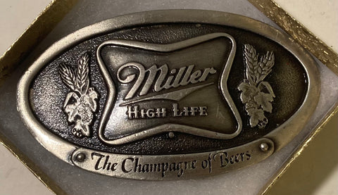 Vintage 1975 Metal Belt Buckle, Miller High Life, Beer, The Champagne of Beers, Nice Western Design, 4" x 2 1/4", Heavy Duty, Made in USA, Quality, Thick Metal, For Belts, Fashion, Shelf