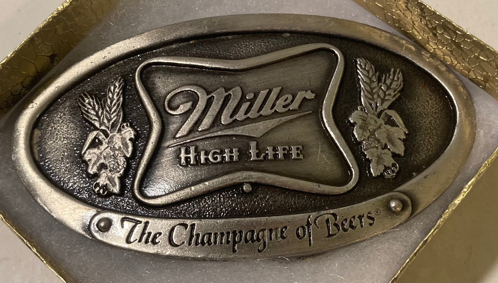 Vintage 1975 Metal Belt Buckle, Miller High Life, Beer, The Champagne of Beers, Nice Western Design, 4" x 2 1/4", Heavy Duty, Made in USA, Quality, Thick Metal, For Belts, Fashion, Shelf