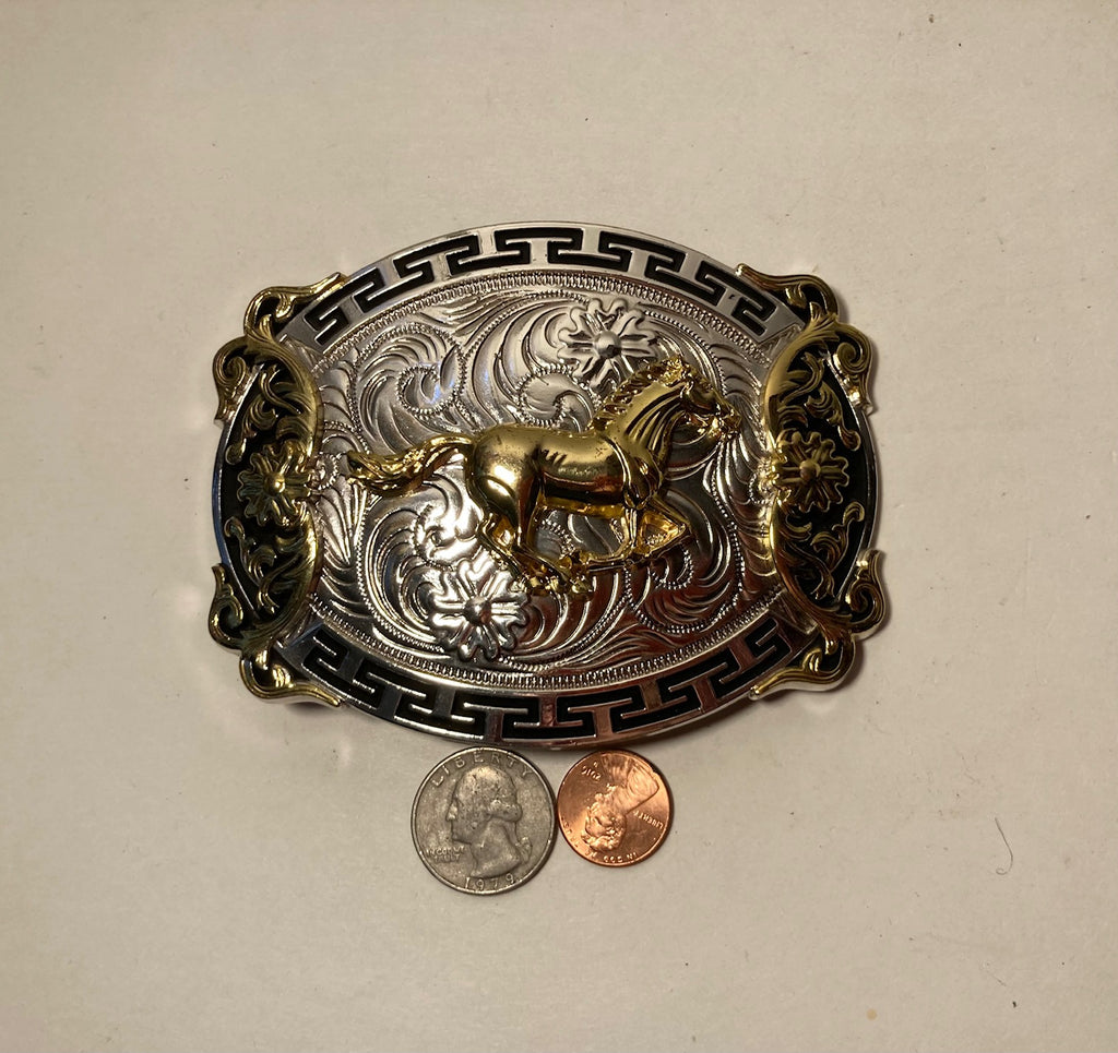 Vintage Metal Belt Buckle, Silver and Brass, Horse, Cowboy, Nice Design, 4 1/4"