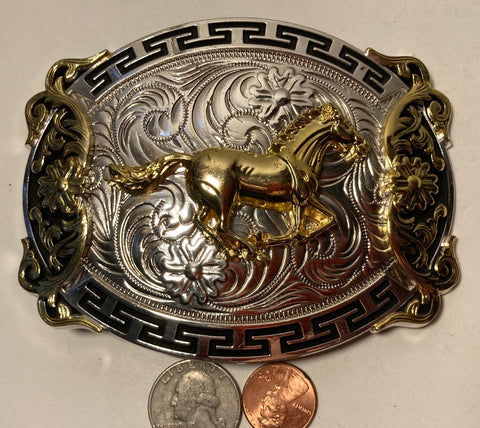 Vintage Metal Belt Buckle, Silver and Brass, Horse, Cowboy, Nice Design, 4 1/4"