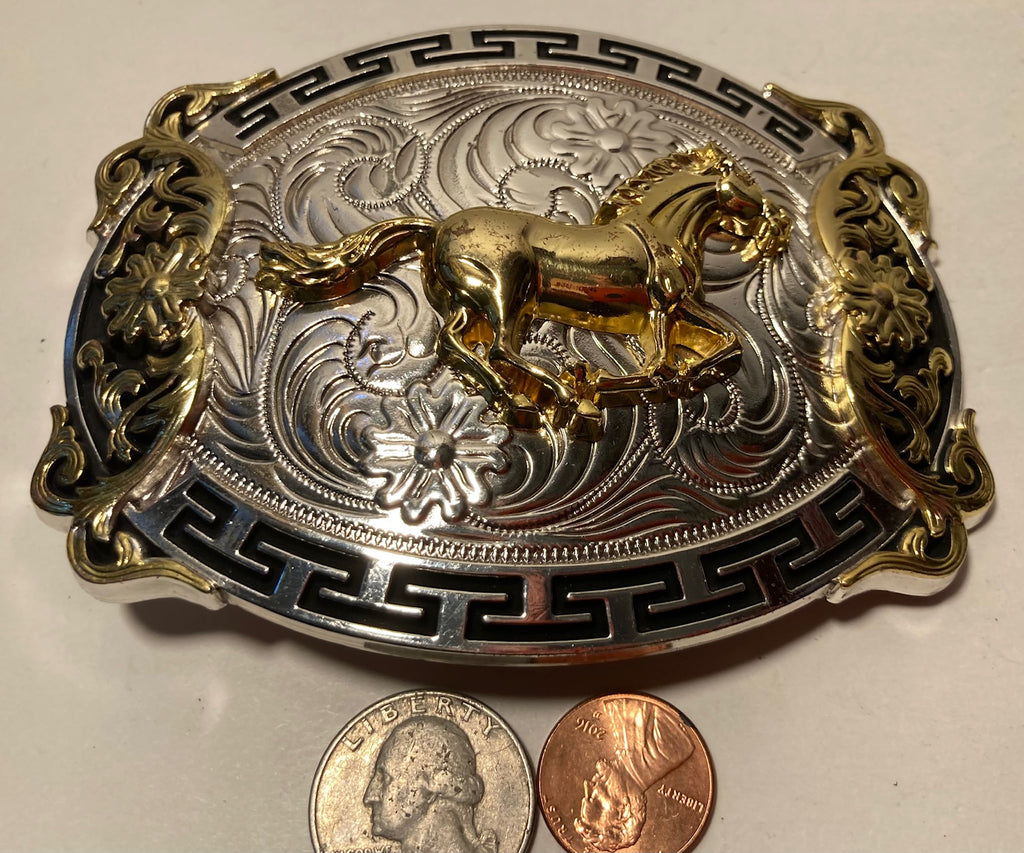 Vintage Metal Belt Buckle, Silver and Brass, Horse, Cowboy, Nice Design, 4 1/4"