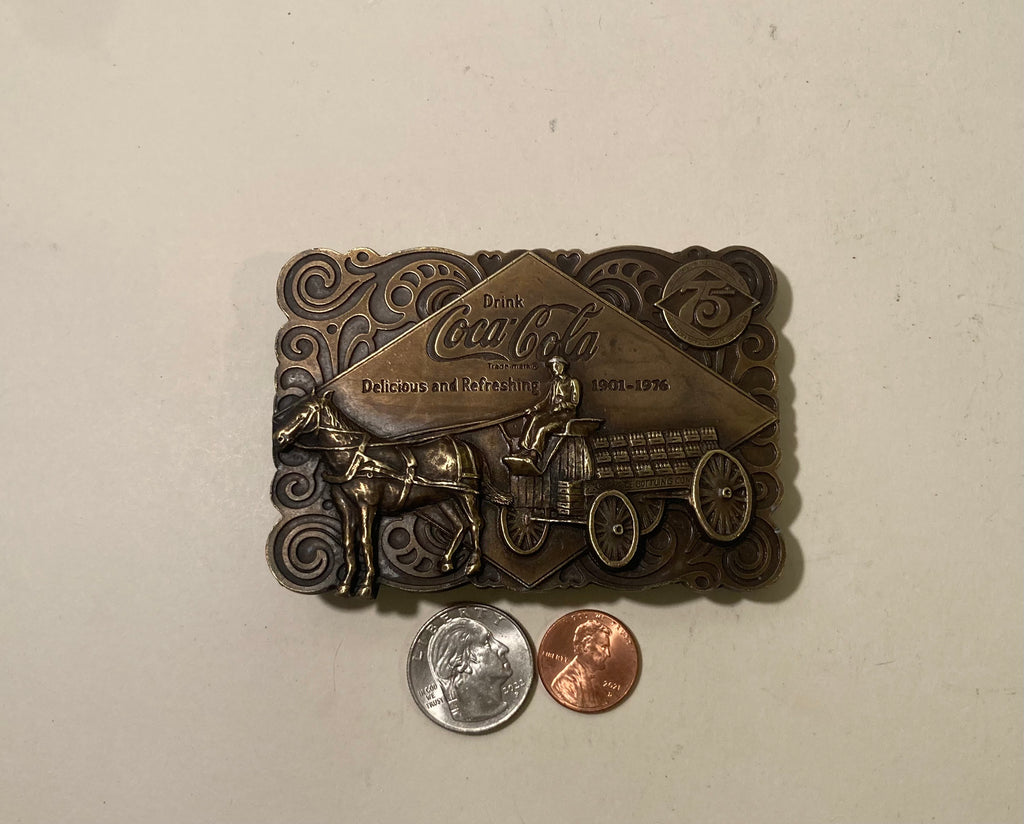 Vintage 1976 Metal Belt Buckle, Brass, Coca Cola, Coke, Soda Pop, Horse, Nice Western Design, 3 3/4" x 2 3/4", Heavy Duty, Made in USA, Quality, Thick Metal, For Belts, Fashion, Shelf Display