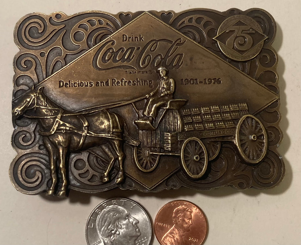 Vintage 1976 Metal Belt Buckle, Brass, Coca Cola, Coke, Soda Pop, Horse, Nice Western Design, 3 3/4" x 2 3/4", Heavy Duty, Made in USA, Quality, Thick Metal, For Belts, Fashion, Shelf Display