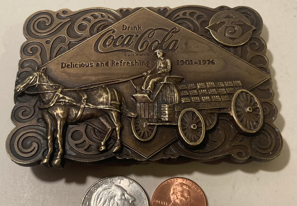 Vintage 1976 Metal Belt Buckle, Brass, Coca Cola, Coke, Soda Pop, Horse, Nice Western Design, 3 3/4" x 2 3/4", Heavy Duty, Made in USA, Quality, Thick Metal, For Belts, Fashion, Shelf Display