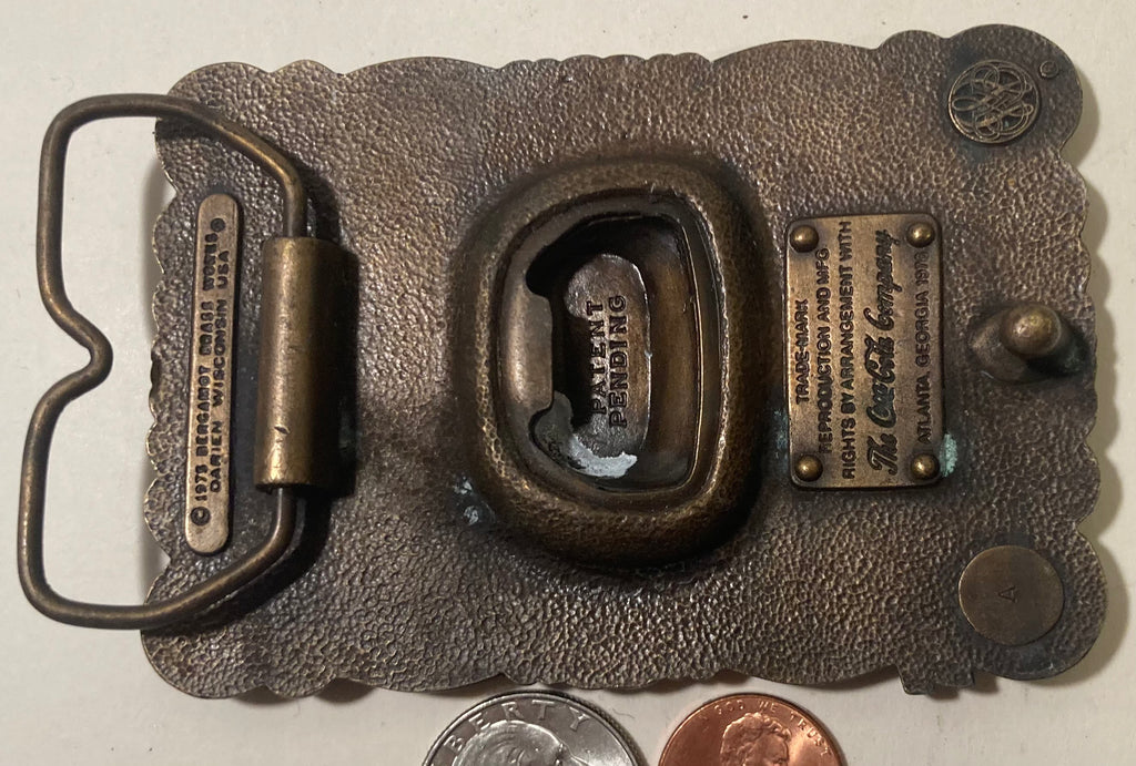 Vintage 1976 Metal Belt Buckle, Brass, Coca Cola, Coke, Soda Pop, Horse, Nice Western Design, 3 3/4" x 2 3/4", Heavy Duty, Made in USA, Quality, Thick Metal, For Belts, Fashion, Shelf Display